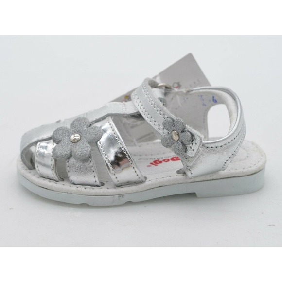 Dogi Sandals Baby Size 6 Silver Glitter Flower Strappy Slingback Hook & Loop - Picture 2 of 9